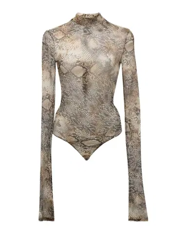 Lapointe Snakeskin-Print Mesh Mock-Neck Long-Sleeve Bodysuit | Thumbnail 1 Lapointe Snakeskin-Print Mesh Mock-Neck Long-Sleeve Bodysuit | Thumbnail 1