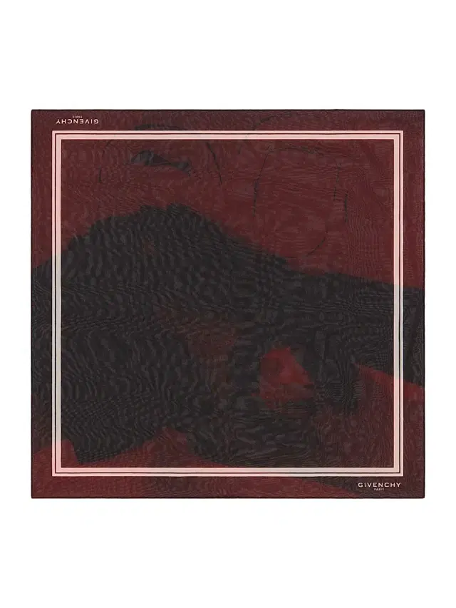 Men's Double Layered Square Scarf in Silk Georgette with Surreslist Print - Red
