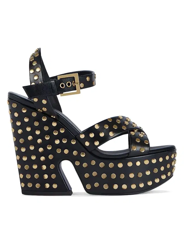Women's Clog Platform Sandals in Leather with Studs - Black