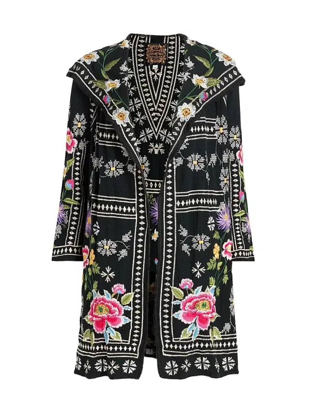 Women's Biya Embroidered Open-Front Duster - Black