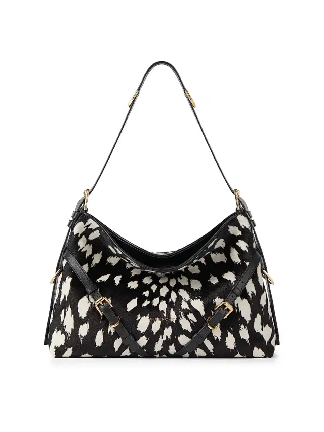 Women's  Voyou Shoulder Bag in Pony Effect Leather with Leopard Pattern - Black White