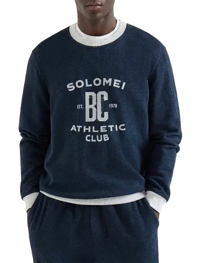 Brunello Cucinelli Men's Cotton and Linen Mélange French Terry Sweatshirt with Print - Navy Blue | Thumbnail 2 Brunello Cucinelli Men's Cotton and Linen Mélange French Terry Sweatshirt with Print - Navy Blue | Thumbnail 2