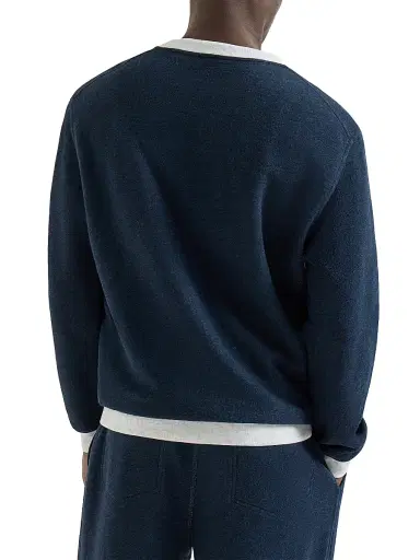 Brunello Cucinelli Men's Cotton and Linen Mélange French Terry Sweatshirt with Print - Navy Blue | Thumbnail 3 Brunello Cucinelli Men's Cotton and Linen Mélange French Terry Sweatshirt with Print - Navy Blue | Thumbnail 3