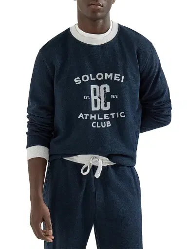 Brunello Cucinelli Men's Cotton and Linen Mélange French Terry Sweatshirt with Print - Navy Blue | Thumbnail 4 Brunello Cucinelli Men's Cotton and Linen Mélange French Terry Sweatshirt with Print - Navy Blue | Thumbnail 4