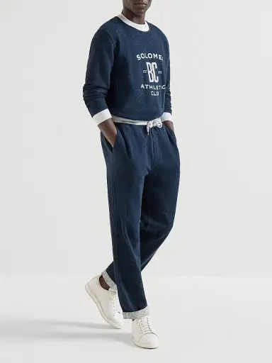 Brunello Cucinelli Men's Cotton and Linen Mélange French Terry Sweatshirt with Print - Navy Blue | Thumbnail 6 Brunello Cucinelli Men's Cotton and Linen Mélange French Terry Sweatshirt with Print - Navy Blue | Thumbnail 6