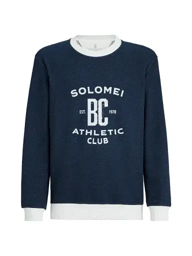 Brunello Cucinelli Men's Cotton and Linen Mélange French Terry Sweatshirt with Print - Navy Blue | Thumbnail 1 Brunello Cucinelli Men's Cotton and Linen Mélange French Terry Sweatshirt with Print - Navy Blue | Thumbnail 1