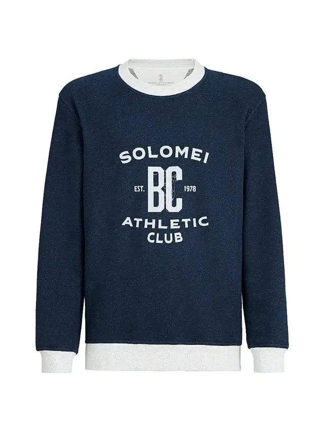 Brunello Cucinelli Men's Cotton and Linen Mélange French Terry Sweatshirt with Print - Navy Blue