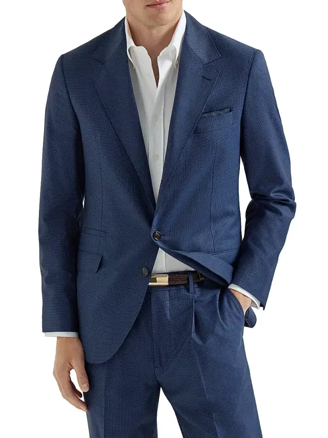 Brunello Cucinelli Men's Super 150s Virgin Wool Houndstooth Blazer - Navy Blue