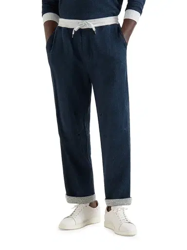 Brunello Cucinelli Men's Cotton and Linen Mélange French Terry Trousers - Navy Blue | Thumbnail 2 Brunello Cucinelli Men's Cotton and Linen Mélange French Terry Trousers - Navy Blue | Thumbnail 2