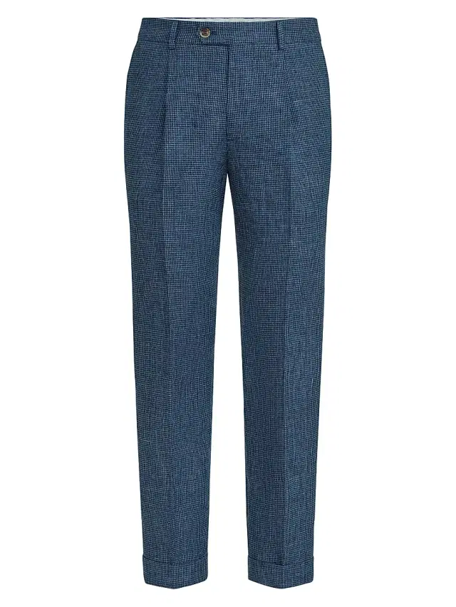 Men's Linen Houndstooth Trousers with Pleats - Denim