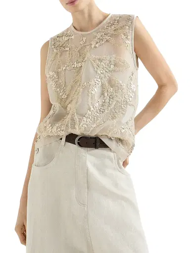 Brunello Cucinelli Women's Crispy Silk Top with Dazzling Seabed Embroidery | Thumbnail 2