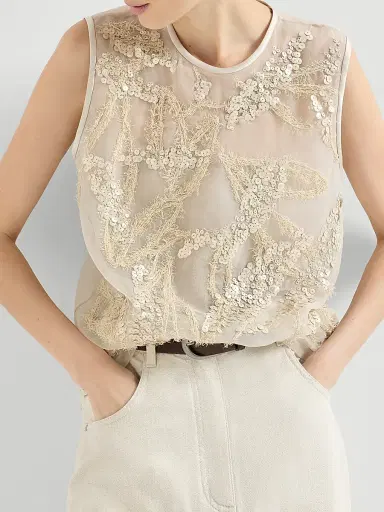 Brunello Cucinelli Women's Crispy Silk Top with Dazzling Seabed Embroidery | Thumbnail 5