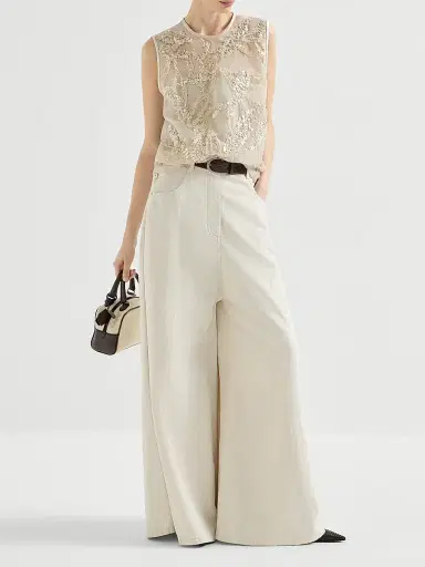Brunello Cucinelli Women's Crispy Silk Top with Dazzling Seabed Embroidery | Thumbnail 6