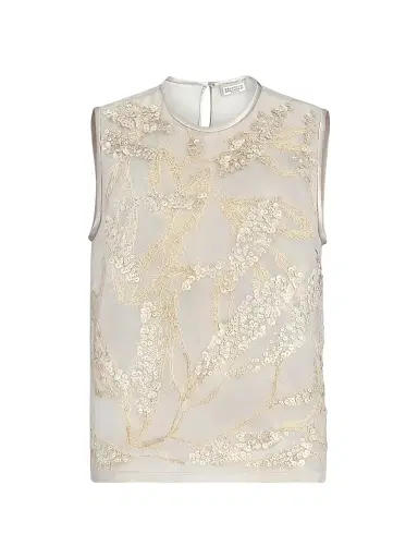 Brunello Cucinelli Women's Crispy Silk Top with Dazzling Seabed Embroidery | Thumbnail 1