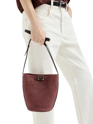 Brunello Cucinelli Women's Sartorial Small Bucket Bag in Techno Raffia - Bordeaux | Thumbnail 2