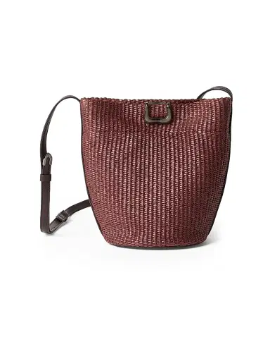 Brunello Cucinelli Women's Sartorial Small Bucket Bag in Techno Raffia - Bordeaux | Thumbnail 1