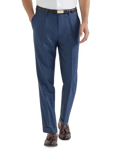 Brunello Cucinelli Men's Super 150s Virgin Wool Houndstooth Trousers with Pleats - Navy Blue - Size 32 | Thumbnail 2