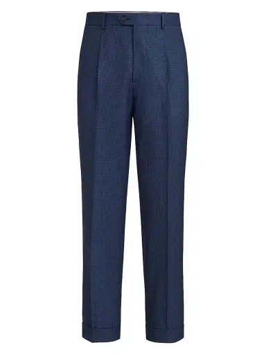 Brunello Cucinelli Men's Super 150s Virgin Wool Houndstooth Trousers with Pleats - Navy Blue - Size 32 | Thumbnail 1