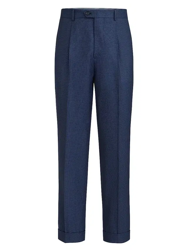 Brunello Cucinelli Men's Super 150s Virgin Wool Houndstooth Trousers with Pleats - Navy Blue