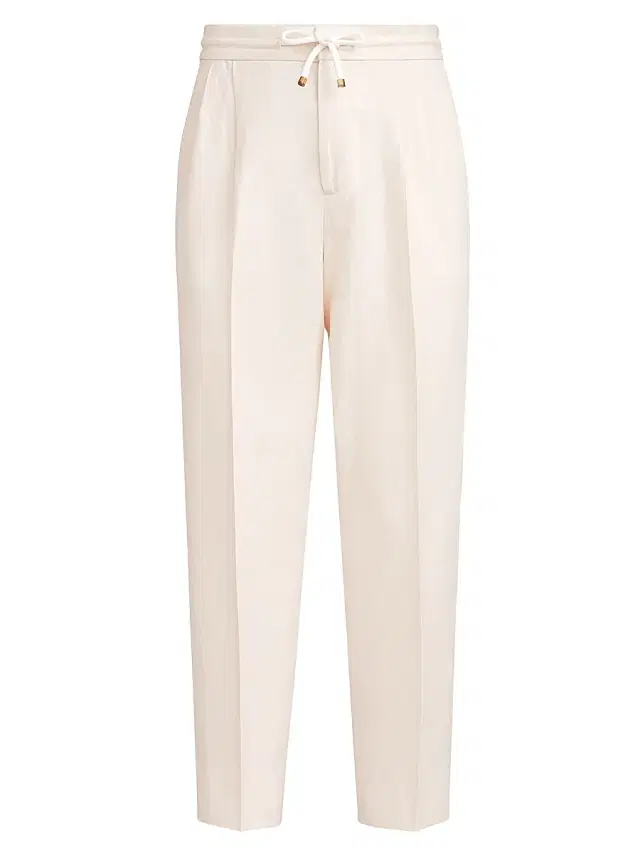 Men's Linen and Cotton Drill Trousers with Drawstring and Double Pleats - Off White
