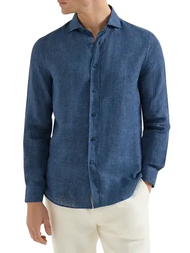 Brunello Cucinelli Men's Délavé Linen Easy Fit Shirt with Spread Collar - Navy Blue - Size XL | Thumbnail 2
