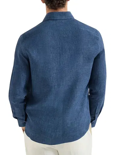 Brunello Cucinelli Men's Délavé Linen Easy Fit Shirt with Spread Collar - Navy Blue - Size XL | Thumbnail 3