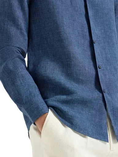 Brunello Cucinelli Men's Délavé Linen Easy Fit Shirt with Spread Collar - Navy Blue - Size XL | Thumbnail 4