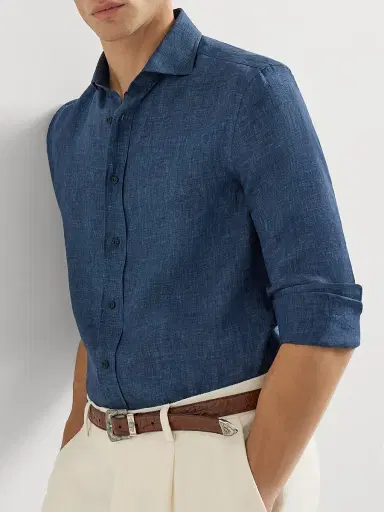 Brunello Cucinelli Men's Délavé Linen Easy Fit Shirt with Spread Collar - Navy Blue - Size XL | Thumbnail 5