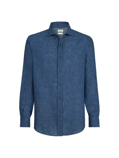 Brunello Cucinelli Men's Délavé Linen Easy Fit Shirt with Spread Collar - Navy Blue - Size XL | Thumbnail 1