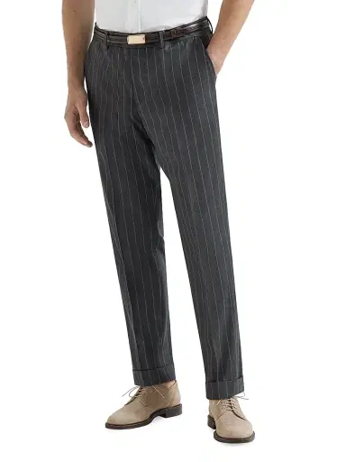 Brunello Cucinelli Men's Super 150s Virgin Wool Wide Chalk Stripe Batavia Trousers - Grey - Size 40 | Thumbnail 2