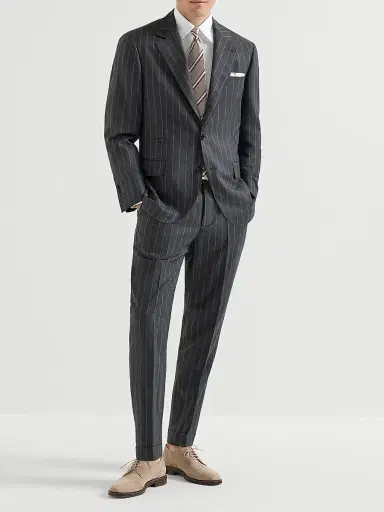 Brunello Cucinelli Men's Super 150s Virgin Wool Wide Chalk Stripe Batavia Trousers - Grey - Size 40 | Thumbnail 6