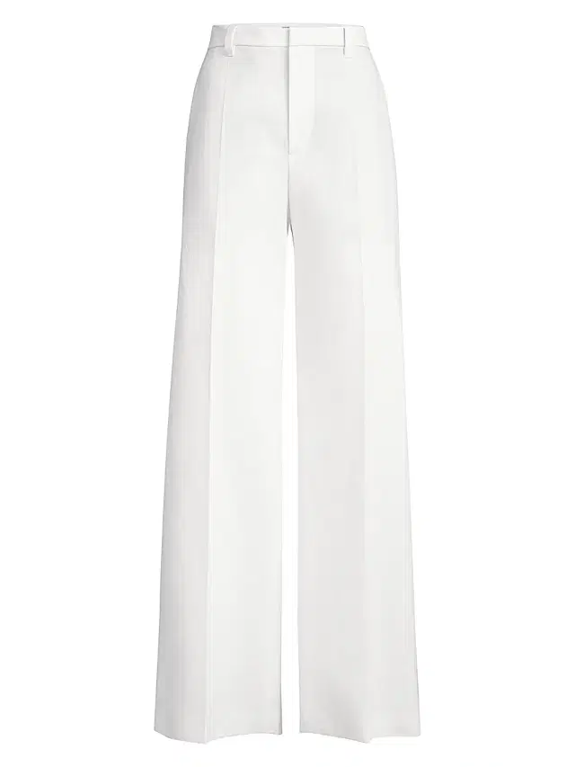 Women's Cotton and Paper Yarn Diagonal Loose Flared Trousers with Monili - White