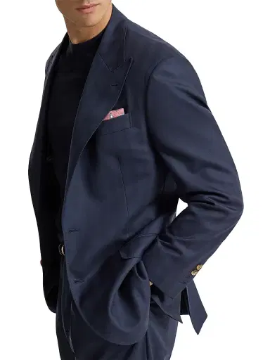 Brunello Cucinelli Men's Virgin Wool Chevron Tailor Blazer with Peak Lapels - Navy Blue | Thumbnail 3 Brunello Cucinelli Men's Virgin Wool Chevron Tailor Blazer with Peak Lapels - Navy Blue | Thumbnail 3