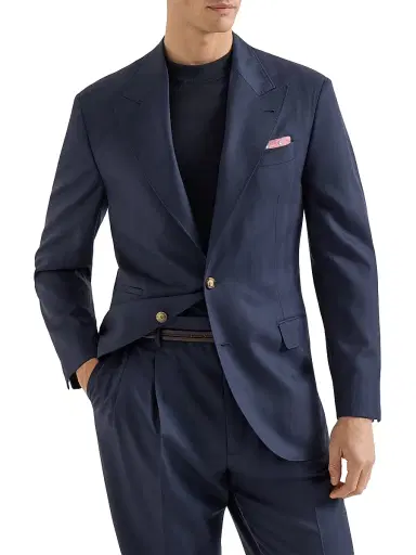 Brunello Cucinelli Men's Virgin Wool Chevron Tailor Blazer with Peak Lapels - Navy Blue | Thumbnail 1 Brunello Cucinelli Men's Virgin Wool Chevron Tailor Blazer with Peak Lapels - Navy Blue | Thumbnail 1