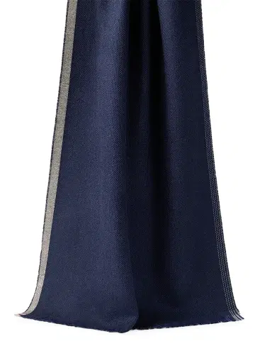 Brunello Cucinelli Men's Wool and Cashmere Diagonal Scarf with Striped Edge - Blue | Thumbnail 2 Brunello Cucinelli Men's Wool and Cashmere Diagonal Scarf with Striped Edge - Blue | Thumbnail 2