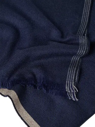 Brunello Cucinelli Men's Wool and Cashmere Diagonal Scarf with Striped Edge - Blue | Thumbnail 3 Brunello Cucinelli Men's Wool and Cashmere Diagonal Scarf with Striped Edge - Blue | Thumbnail 3