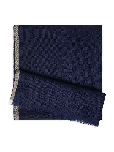 Brunello Cucinelli Men's Wool and Cashmere Diagonal Scarf with Striped Edge - Blue | Thumbnail 1 Brunello Cucinelli Men's Wool and Cashmere Diagonal Scarf with Striped Edge - Blue | Thumbnail 1