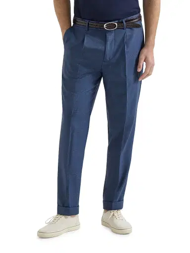 Brunello Cucinelli Men's Virgin Wool Prince of Wales Trousers with Pleats - Blue - Size 48 | Thumbnail 2