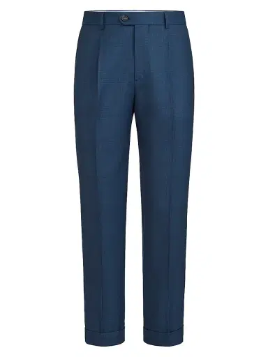 Brunello Cucinelli Men's Virgin Wool Prince of Wales Trousers with Pleats - Blue - Size 48 | Thumbnail 1