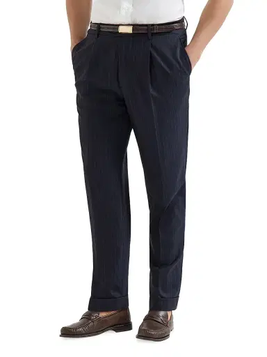 Brunello Cucinelli Men's Virgin Wool Chalk Stripe Batavia Trousers with Pleats - Navy Blue - Size 48 | Thumbnail 2