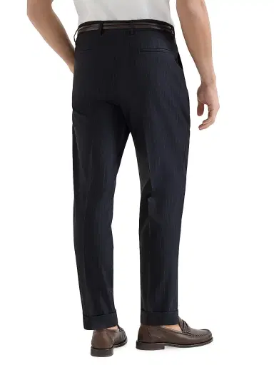Brunello Cucinelli Men's Virgin Wool Chalk Stripe Batavia Trousers with Pleats - Navy Blue - Size 48 | Thumbnail 3