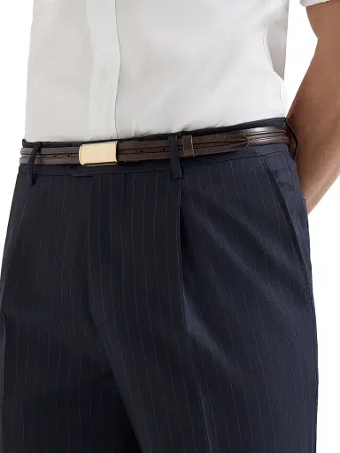 Brunello Cucinelli Men's Virgin Wool Chalk Stripe Batavia Trousers with Pleats - Navy Blue - Size 48 | Thumbnail 4
