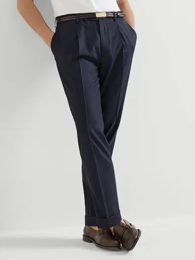 Brunello Cucinelli Men's Virgin Wool Chalk Stripe Batavia Trousers with Pleats - Navy Blue - Size 48 | Thumbnail 5