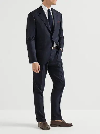 Brunello Cucinelli Men's Virgin Wool Chalk Stripe Batavia Trousers with Pleats - Navy Blue - Size 48 | Thumbnail 6