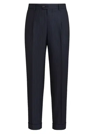 Brunello Cucinelli Men's Virgin Wool Chalk Stripe Batavia Trousers with Pleats - Navy Blue - Size 48 | Thumbnail 1