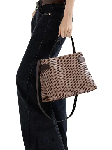 Brunello Cucinelli Women's Essence Top Handle Bag in Sparkling Net Leather with Monili - Brown | Thumbnail 2 Brunello Cucinelli Women's Essence Top Handle Bag in Sparkling Net Leather with Monili - Brown | Thumbnail 2