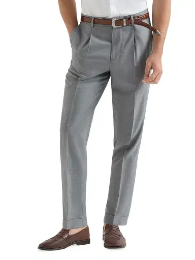 Brunello Cucinelli Men's Virgin Wool and Silk Lightweight Hopsack Trousers with Pleats - Grey - Size 44 | Thumbnail 2