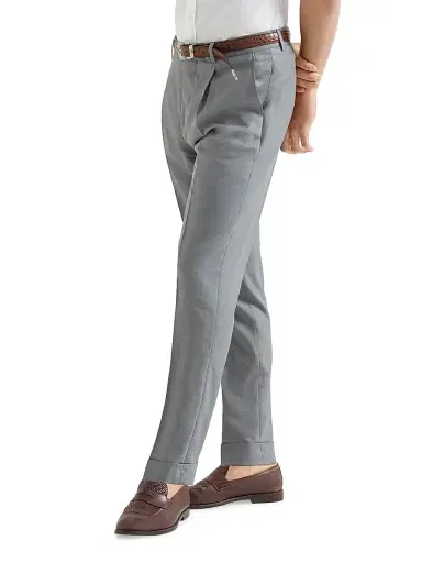 Brunello Cucinelli Men's Virgin Wool and Silk Lightweight Hopsack Trousers with Pleats - Grey - Size 44 | Thumbnail 3