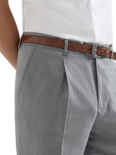 Brunello Cucinelli Men's Virgin Wool and Silk Lightweight Hopsack Trousers with Pleats - Grey - Size 44 | Thumbnail 5