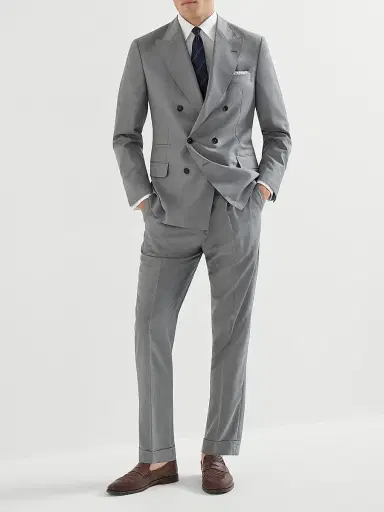 Brunello Cucinelli Men's Virgin Wool and Silk Lightweight Hopsack Trousers with Pleats - Grey - Size 44 | Thumbnail 6
